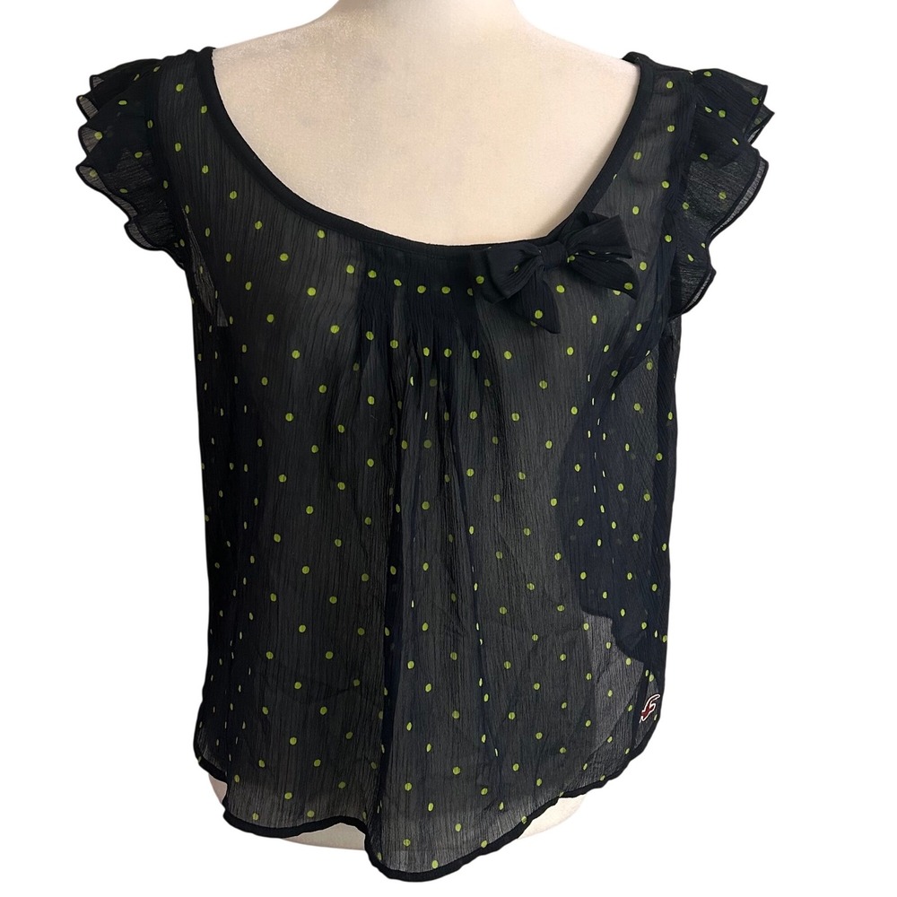 Hollister Navy Lime Green Polka Dot Sheer Ruffle Bow Blouse Womens L Cottagecore
